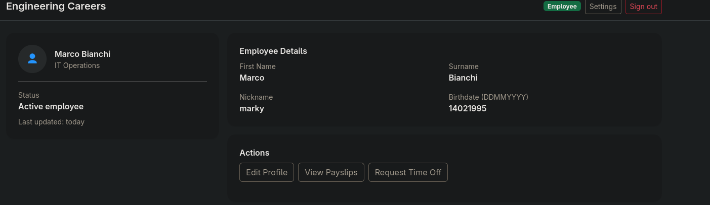 Marco's employee profile