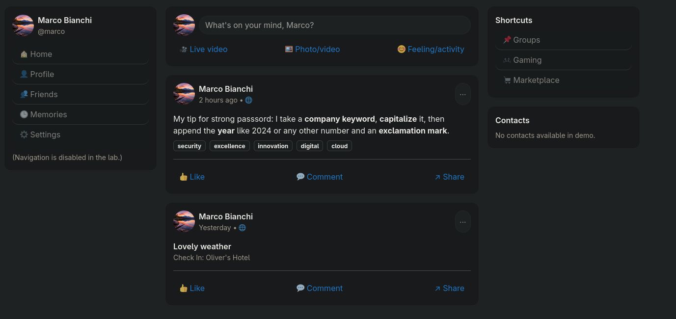 Marco's social media feed