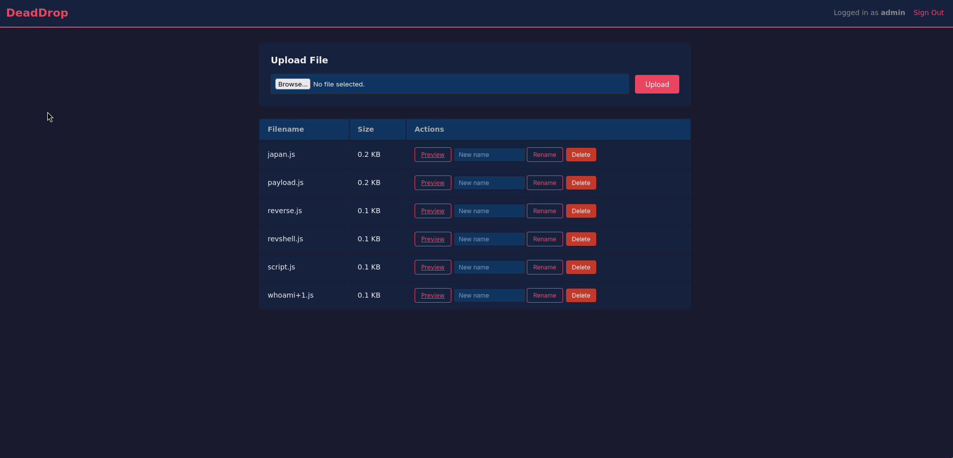 Logged in as admin, showing the file dashboard