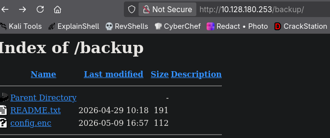 Apache index of /backup showing README.txt and config.enc