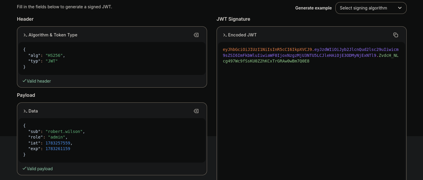Forging a JWT with role admin in jwt.io