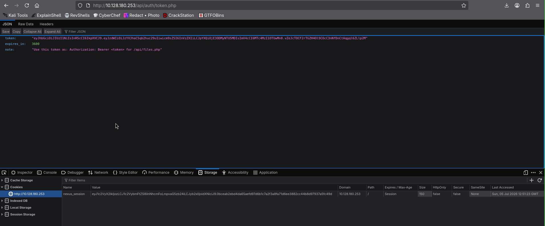 token.php returning a JWT and the non-httpOnly nexus_session cookie in storage