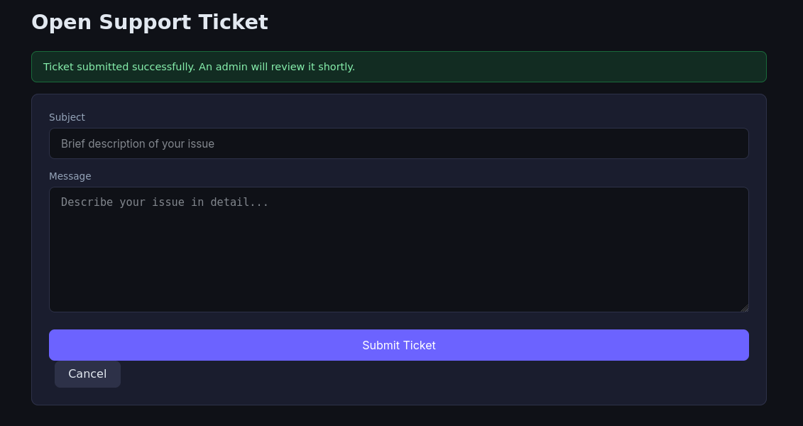 Open Support Ticket form confirming an admin will review it