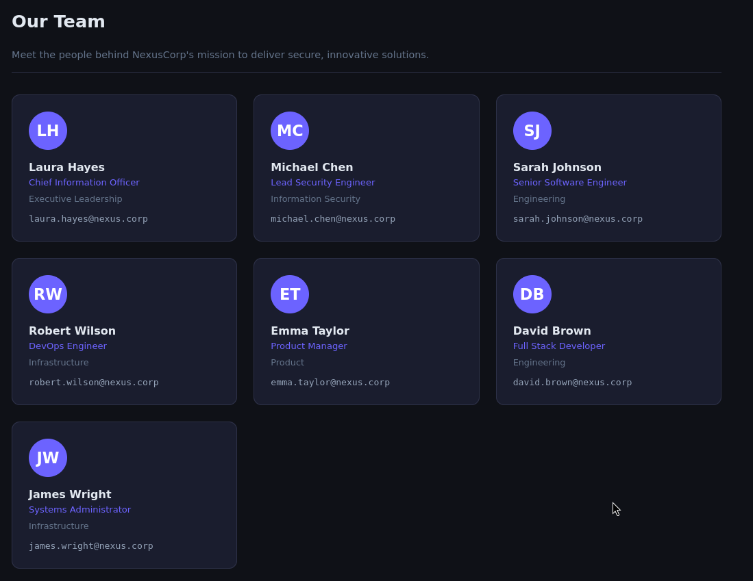 NexusCorp Our Team directory listing seven employees