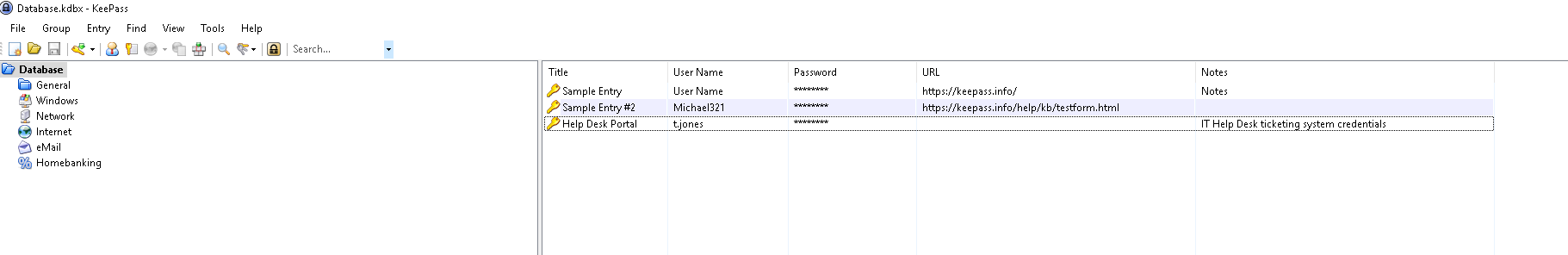 KeePass vault opened, Help Desk Portal entry