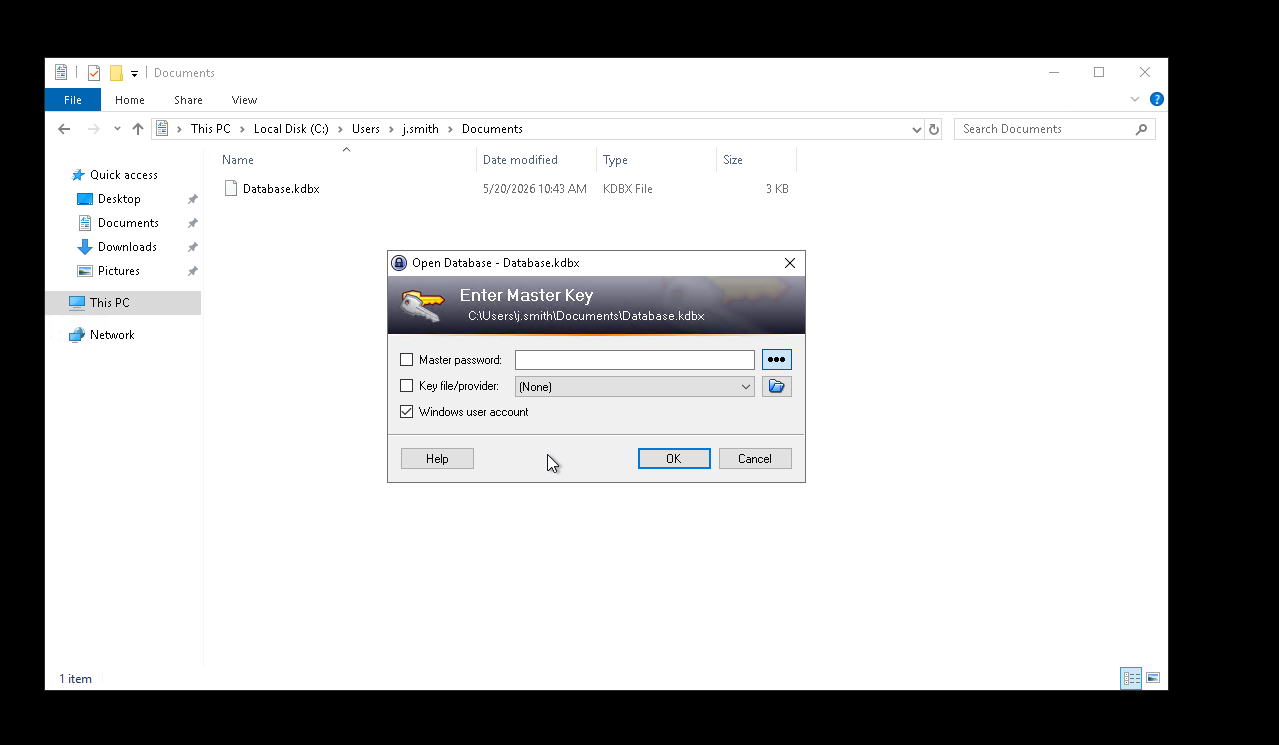 KeePass Open Database, Windows user account ticked