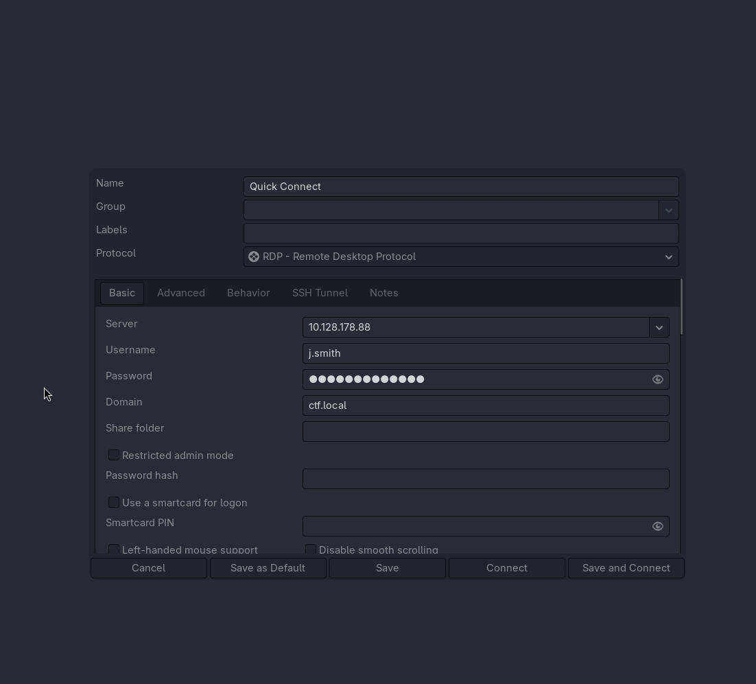 Remmina configured for RDP as j.smith