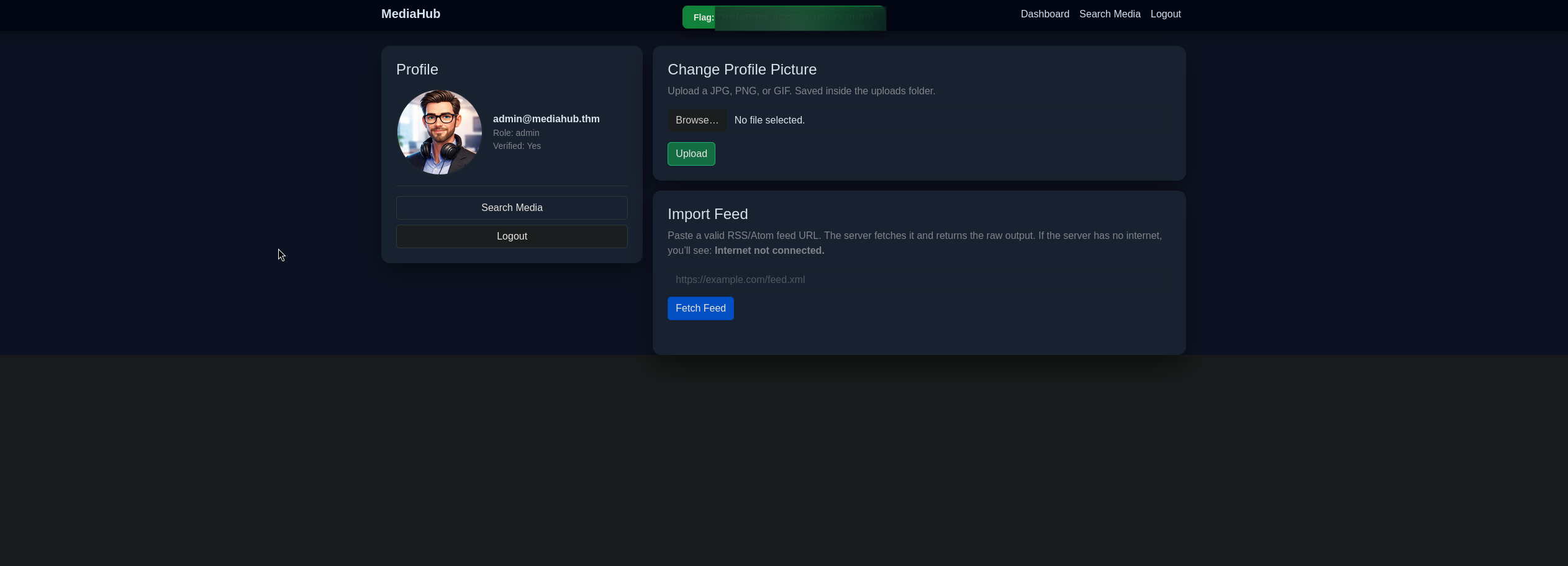 MediaHub admin dashboard after the OTP bypass