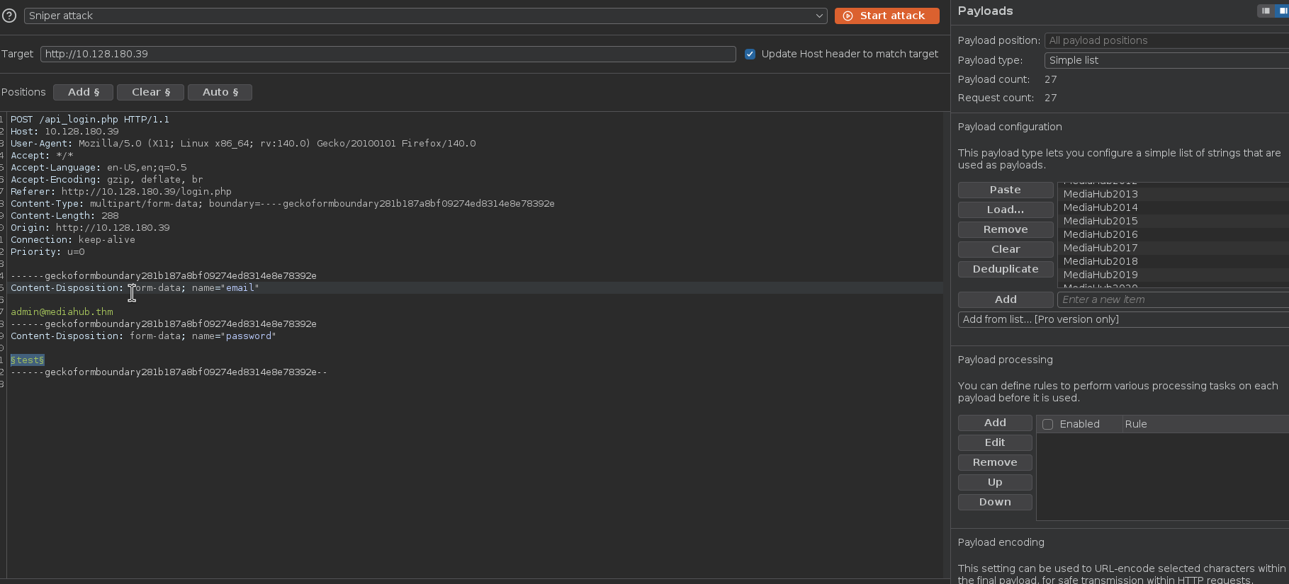 Burp Intruder loaded with the MediaHub+year list