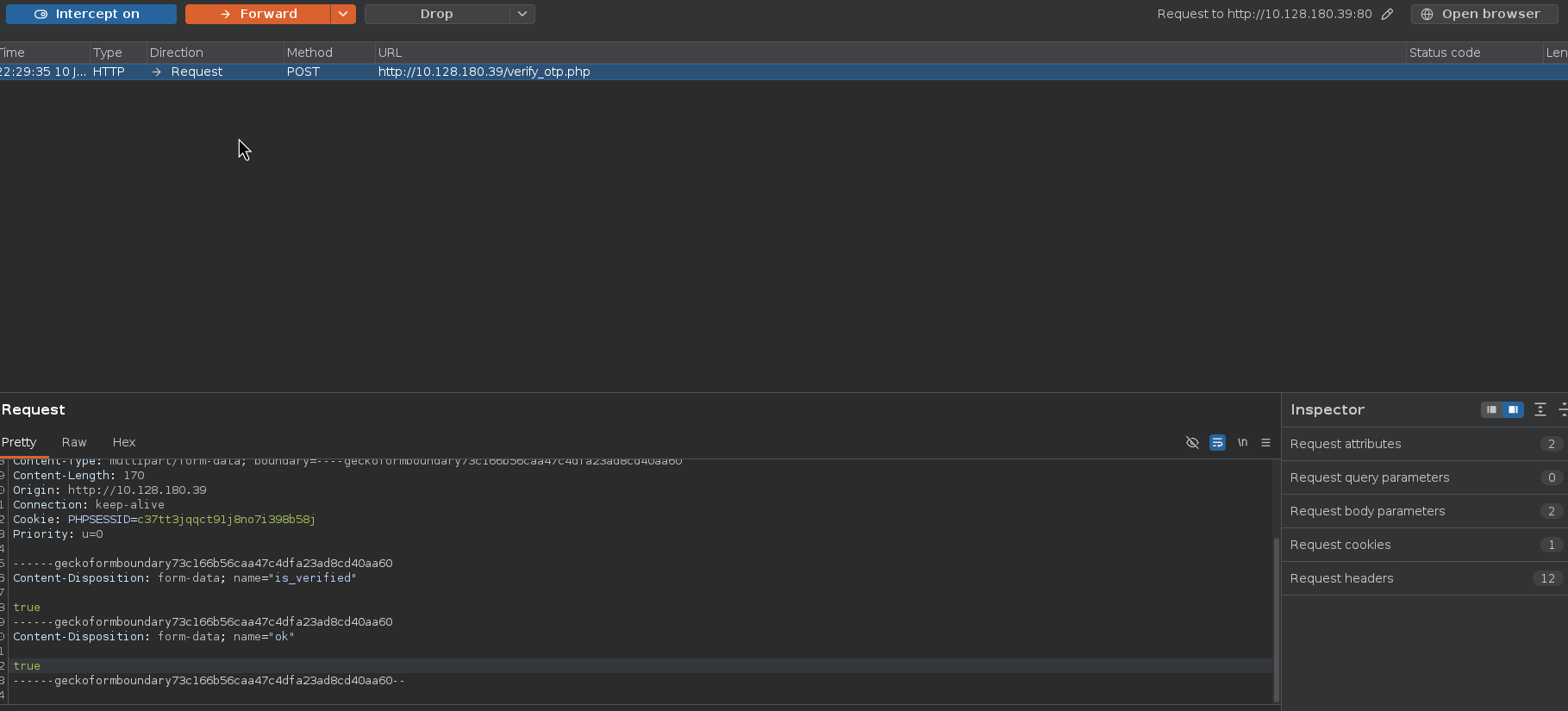 Burp intercept adding is_verified=true to the verify_otp.php multipart request