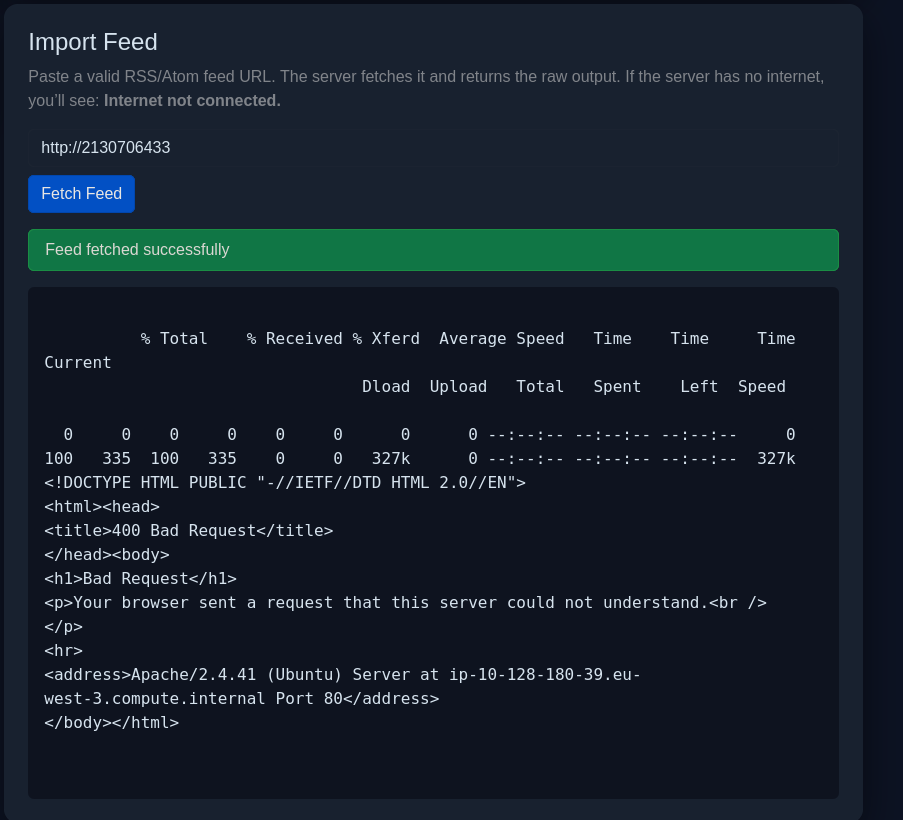 Import Feed fetching http://2130706433 returns the localhost Apache page