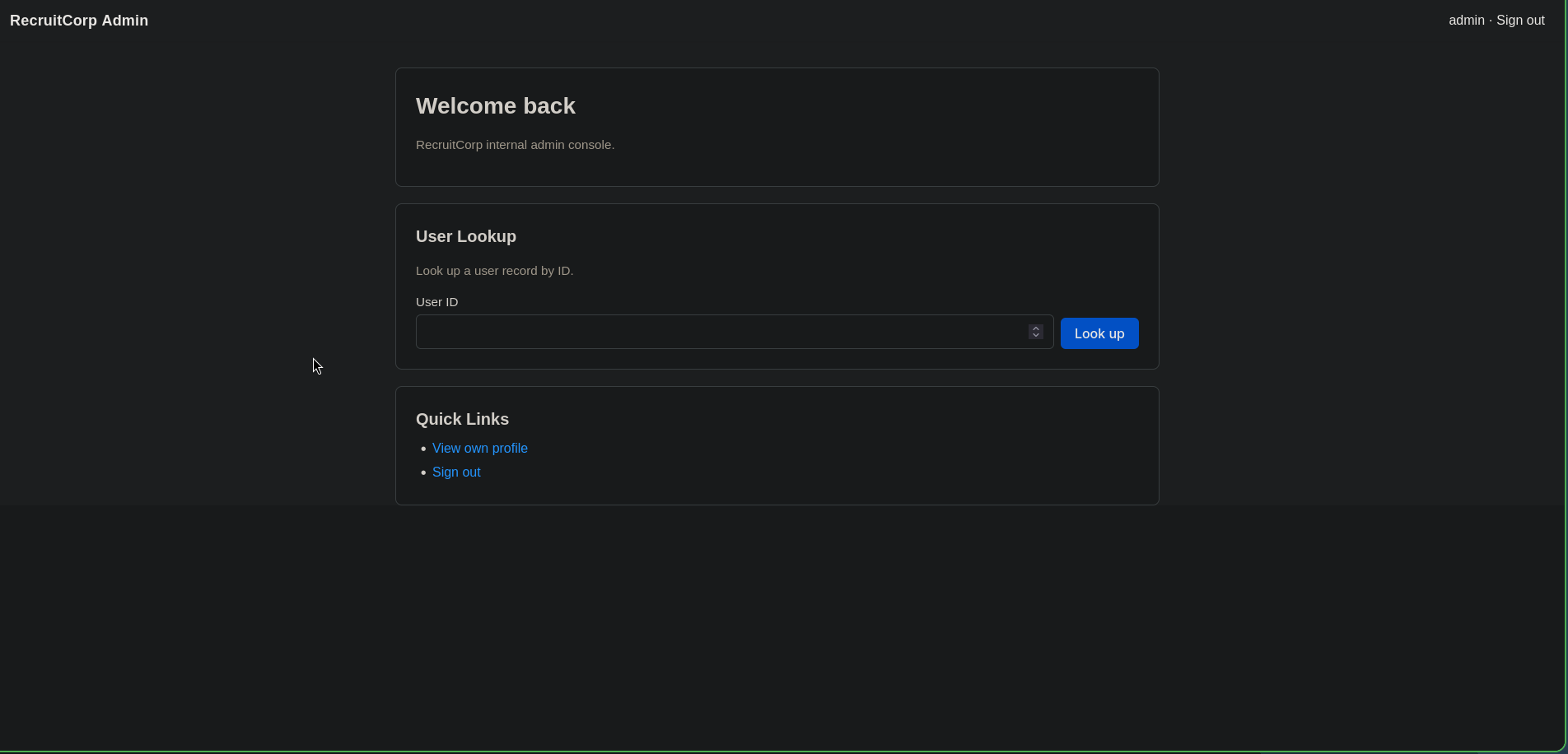 RecruitCorp admin dashboard after the bypass