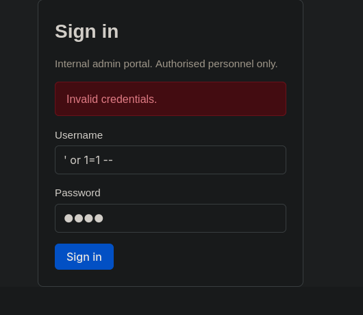 The /admin login with the SQLi payload in the username field