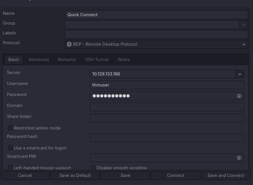 Remmina RDP connection to the target as thmuser